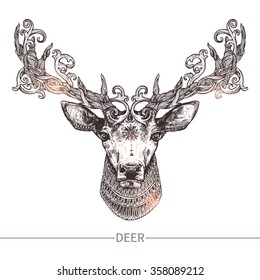 Ornamental Tattoo Deer Head. Highly Detailed Abstract Hand Drawn Style