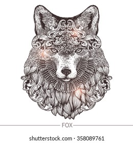 Ornamental Tattoo Fox Head. Highly Detailed Abstract Hand Drawn Style