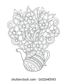 Ornamental teapot with hand drawn doodle flowers. Monochrome contour illustration for greeting, invitation card, adult coloring book,  home decor, decorate tea party, furniture, bag, dishes. eps 10
