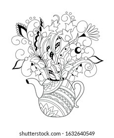 Ornamental teapot with hand drawn doodle flowers. Monochrome contour illustration for greeting, invitation card, adult coloring book,  home decor, decorate tea party, furniture, bag, dishes. eps 10
