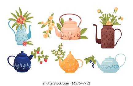 Ornamental Teapots with Flowers and Twigs Peeped out From Spouts Vector Set