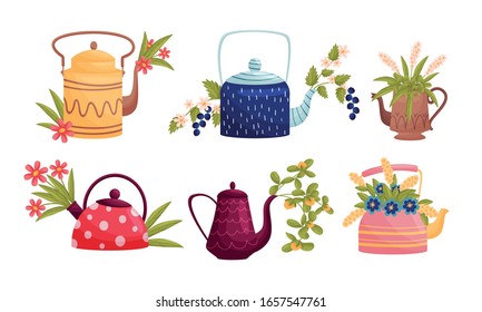 Ornamental Teapots with Flowers and Twigs Peeped out From Spouts Vector Set