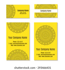 Ornamental template for business card, flyer or banner with round zentangle mandala. Vintage indian, arabian and asian motives. Excellent choice for business identity of ethnic shop or yoga studio.