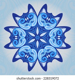 Ornamental template with circle ethnic dish element. Mandala design. Kaleidoscopic pattern.