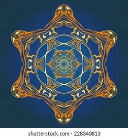 Ornamental template with circle ethnic dish element. Mandala design. Kaleidoscopic pattern.