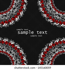Ornamental template with garlands in white, red and black flowers, leaves and curly lines