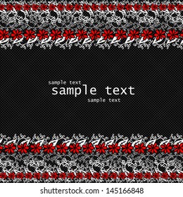 Ornamental template with garlands in white, red and black flowers, leaves and curly lines