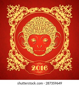 Ornamental template with golden frame and decorative monkey. Symbol of 2016 Ornate animal pattern design Red monkey