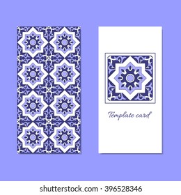 Ornamental template layout vector and geometric pattern with repeating texture. White and blue oriental print for card or invitation. Traditional tiles - Islam, ottoman, spanish or azulejo motifs.
