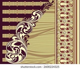 An ornamental textile design featuring swirling floral patterns and geometric borders in shades of maroon, beige, and cream, for textile, wallpaper, gift wrapping.