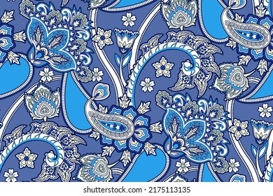 Ornamental texture with flower decor and elegant paisley in Indian painting manner , digital print