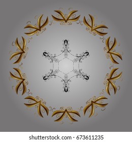Ornamental texture with golden snowflakes and dots on a black background. Vector illustration. Starry Sky. Falling snow.