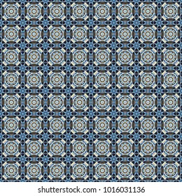 Ornamental texture with linear shapes, zigzag lines, lace pattern. For decor, fabric, textile, cloth. Simple abstract background in black, blue and beige colors. Vector geometric seamless pattern.