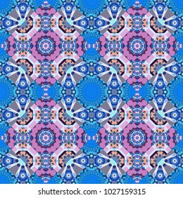 Ornamental texture with linear shapes, zigzag lines, lace pattern. For decor, fabric, textile, cloth. Simple abstract background in violet, blue and purple colors. Vector geometric seamless pattern.