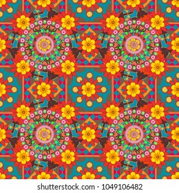 Ornamental texture with linear shapes, zigzag lines, lace pattern. Simple abstract background in yellow, red and brown colors. Vector geometric seamless pattern. For decor, fabric, textile, cloth.