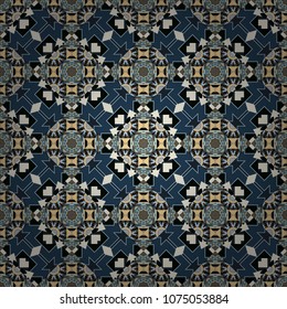 Ornamental texture with linear shapes, zigzag lines, lace pattern. Vector geometric seamless pattern. For decor, fabric, textile, cloth. Simple abstract background in beige, gray and blue colors.