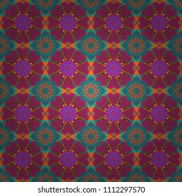 Ornamental texture with linear shapes, zigzag lines, lace pattern. For decor, fabric, textile, cloth. Simple abstract background in magenta, purple and blue colors. Vector geometric seamless pattern.