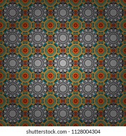 Ornamental texture with linear shapes, zigzag lines, lace pattern. Vector geometric seamless pattern. Simple abstract background in gray, brown and yellow colors. For decor, fabric, textile, cloth.