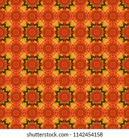 Ornamental texture with linear shapes, zigzag lines, lace pattern. For decor, fabric, textile, cloth. Simple abstract background in green, orange and blue colors. Raster geometric seamless pattern.