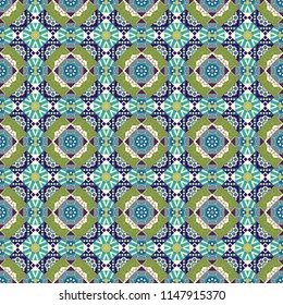 Ornamental texture with linear shapes, zigzag lines, lace pattern. Simple abstract background in green, gray and blue colors. For decor, fabric, textile, cloth. Vector geometric seamless pattern.