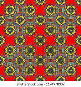 Ornamental texture with linear shapes, zigzag lines, lace pattern. For decor, fabric, textile, cloth. Vector geometric seamless pattern. Simple abstract background in yellow, blue and red colors.