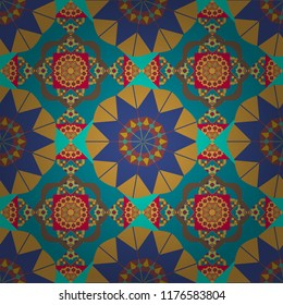 Ornamental texture with linear shapes, zigzag lines, lace pattern. Simple abstract background in yellow, blue and violet colors. For decor, fabric, textile, cloth. Vector geometric.