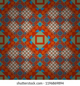 Ornamental texture with linear shapes, zigzag lines, lace pattern. Simple abstract background in magenta, orange and green colors. Vector geometric seamless pattern. For decor, fabric, textile, cloth.
