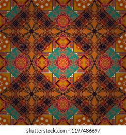 Ornamental texture with linear shapes, zigzag lines, lace pattern. Vector geometric seamless pattern. Simple abstract background in orange, red and yellow colors. For decor, fabric, textile, cloth.