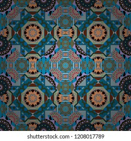 Ornamental texture with linear shapes, zigzag lines, lace pattern. Simple abstract background in blue, green and brown colors. For decor, fabric, textile, cloth. Vector geometric seamless pattern.