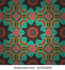 Ornamental texture with linear shapes, zigzag lines, lace pattern. For decor, fabric, textile, cloth. Vector geometric seamless pattern. Simple abstract background in green, gray and brown colors.