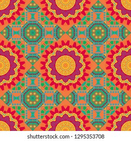 Ornamental texture with linear shapes, zigzag lines, lace pattern. For decor, fabric, textile, cloth. Vector geometric seamless pattern. Simple abstract background in magenta, green and orange colors.
