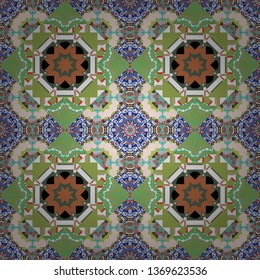 Ornamental texture with linear shapes, zigzag lines, lace pattern. Vector geometric seamless pattern. Simple abstract background in blue, white and green colors. For decor, fabric, textile, cloth.