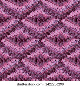 Ornamental textured 3d vector seamless pattern. Geometric pink violet purple abstract background. Tiled surface circles. Zigzag ornament. Round sequins. Decorative design. Endless repeat texture