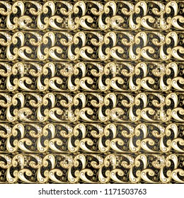 Ornamental textured curls. Oriental style arabesques golden pattern on a gray, beige and yellow colors with golden elements. Vector golden pattern.