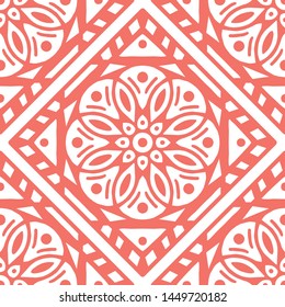 Ornamental Tile Decoration Pattern. Endless Vector Background. Coral Color.