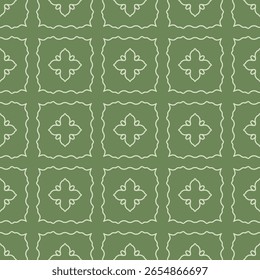 Ornamental tile motif repeated in rows with a floral center in green and white background. Seamless flower shapes hand-drawn lines in classic grid formation motif pattern.