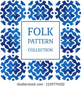 Ornamental tile pattern. Ceramic folk motif. Seamless background for fabric, paper or porcelain. Vector illustration.