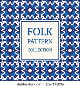Ornamental tile pattern. Ceramic folk motif. Seamless background for fabric, paper or porcelain. Vector illustration.