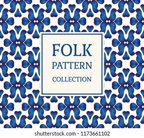 Ornamental tile pattern. Ceramic folk motif. Seamless background for fabric, paper or porcelain. Vector illustration.