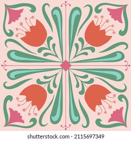 Ornamental tile pattern. Hand drawn vector illustration with abstract tulip flowers in center composition. Colorful floral background on pastel pink. For textile design, wrapping paper, ceramic tiles.