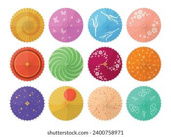 Ornamental traditional Japanese umbrella art pattern design top view set vector flat illustration. Oriental culture parasol Asian paper souvenir with sakura flowers butterfly stars cloud and bamboo