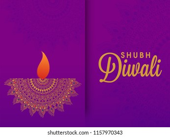 Ornamental traditional oil lamp on purple floral greeting card for Indian Festival of lights Diwali celebration.