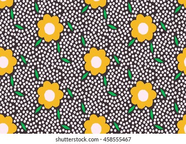 Ornamental, traditional, simple seamless pattern with flowers. Cute print with dot in scandinavian style.