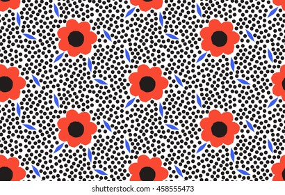 Ornamental, traditional, simple seamless pattern with flowers. Cute print with dot in scandinavian style.