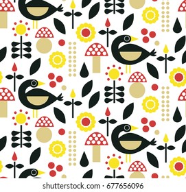 Ornamental, traditional, simple seamless pattern with flowers, mushroom, black swan, dot. Cute print with dot in scandinavian style.