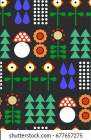 Ornamental, traditional, simple seamless pattern with flowers, mushroom, leaf, dot. Cute print with dot in scandinavian style.