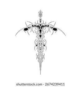 Vetor de espada tribal ornamental em estilo cibernético gótico, design simétrico detalhado para t-shirt, tatuagem, adesivo, cartaz e arte de música de metal