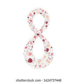 Ornamental tulips decorated with eight. Rosy illustration. Perfect for postcards, posters, flyers, invitations, banners and other Woman's Day decor. March 8.