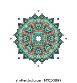 Ornamental turquoise- golden vector rosette- mandala on white background