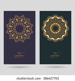 Ornamental two cards with gold flower oriental mandala on dark blue and green color background. Ethnic vintage pattern. Indian, asian, arabic, islamic, ottoman motif. Vector illustration.